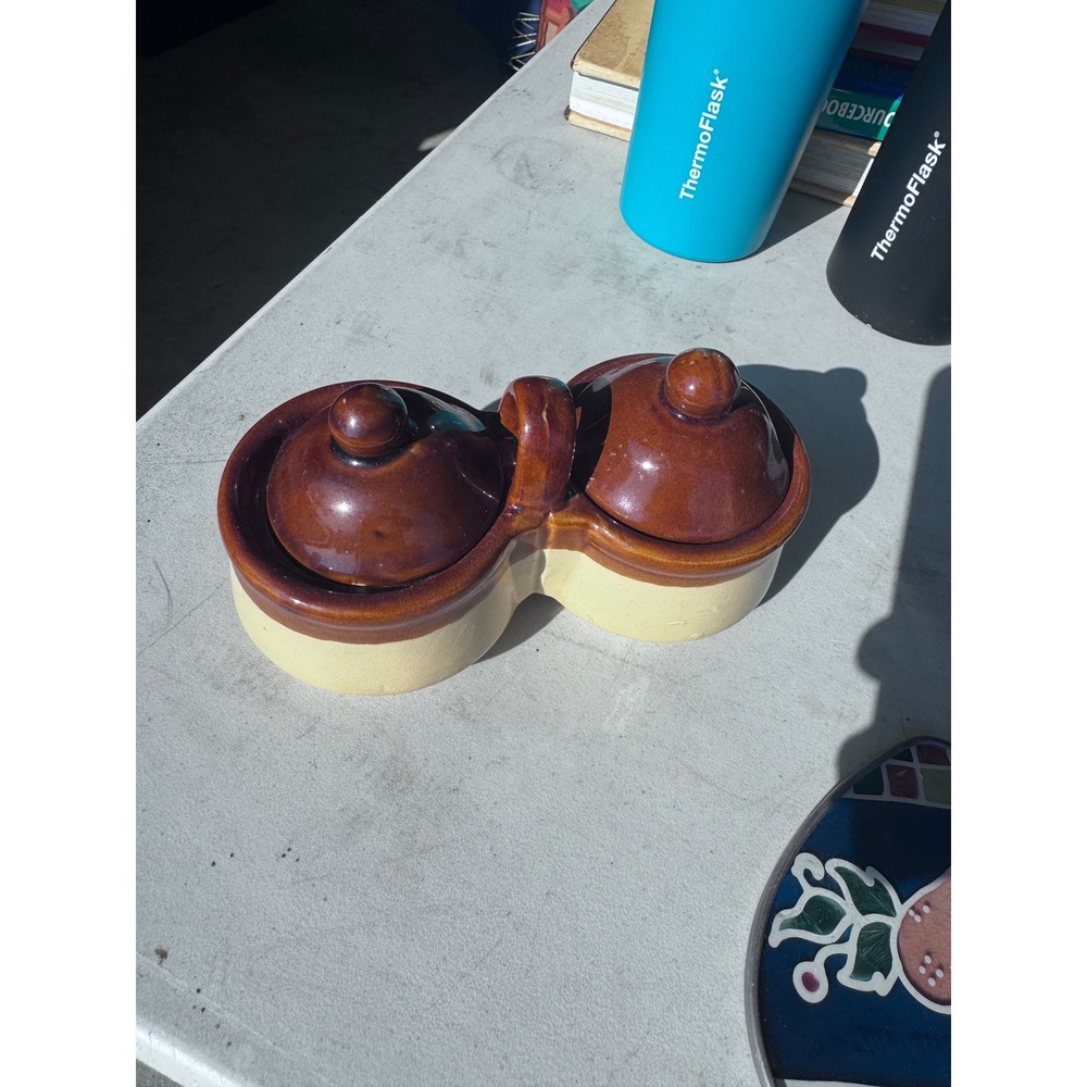 Vintage Two Tone Brown Tan Glazed Ceramic Double Condiment Server with Lids